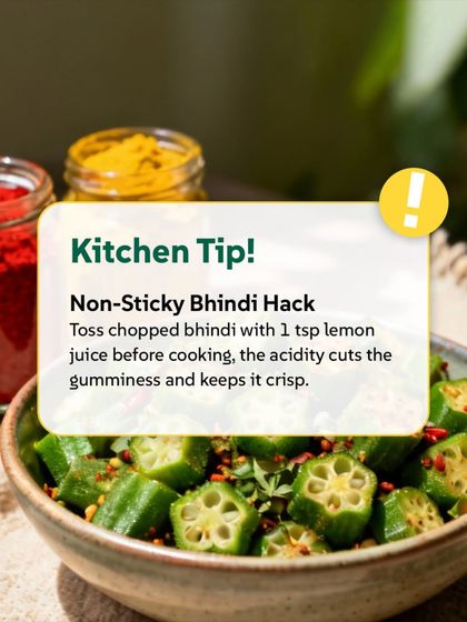 Kitchen tip for non-sticky bhindi! Tossing chopped okra with lemon juice before cooking cuts the gumminess and keeps it crisp. It's simple kitchen science.
