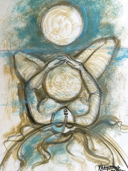 An untitled acrylic on paper exploring the theme of motherhood, with a figure cradling a circle representing the womb.