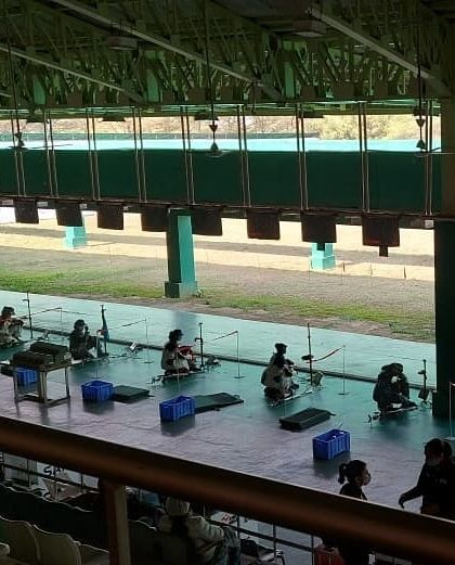 A view of the 50m outdoor range during the National Selection trials, where athletes compete in disciplines like the 50m 3-position event.