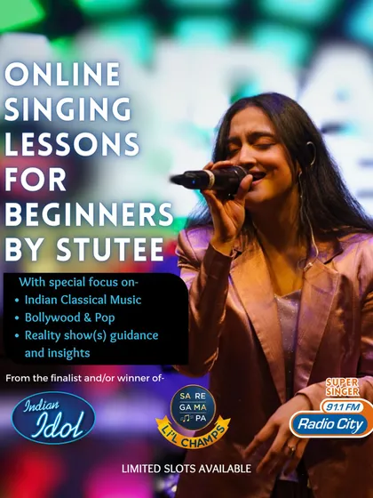 I offer personalized online singing lessons for anyone ready to start their musical journey. This poster outlines my core focus areas: building a strong foundation with Indian classical music, mastering Bollywood and Pop songs, and providing practical guidance for reality show auditions based on my own experience.
