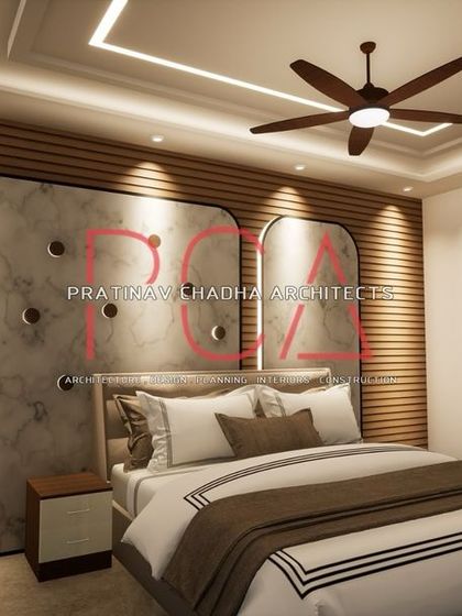 A 3D render of a bedroom in Vasant Kunj with a unique, button-tufted marble-finish headboard wall.