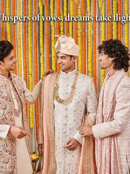 Whispers of vows, dreams take flight. The groom, in a classic white embroidered sherwani, shares a moment with his groomsmen, who are styled in my complementary Indo-Western jacket sets.