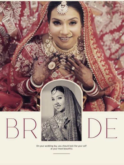 A beautifully designed bridal portrait collage. The main color photo shows the bride in all her glory, while the smaller black and white inset adds a touch of classic elegance.
