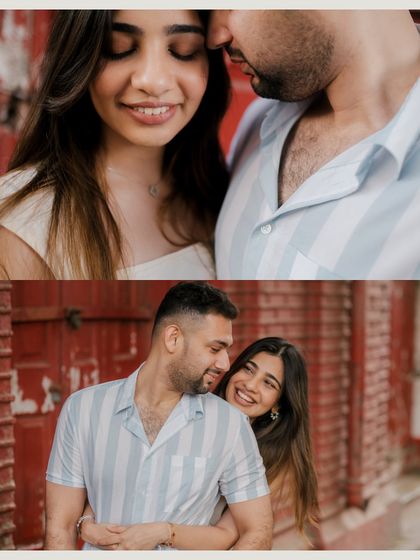 A collage of close, intimate moments. The top frame shows a quiet connection, while the bottom one captures a spontaneous, happy glance, showing the different facets of their relationship.