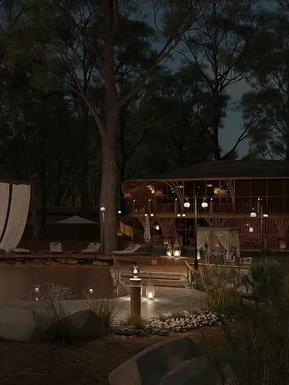 As dusk falls, the resort transforms. I used layered, warm lighting to create a magical and intimate atmosphere, highlighting the wooden textures and natural pathways. The goal was to make the evenings feel as serene and enchanting as the day.