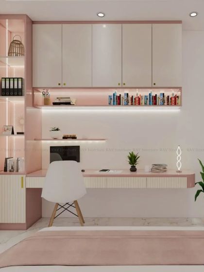 A beautiful study and storage unit in a soft pink and white theme, perfect for a girl's bedroom.