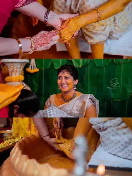 A collage showing the different elements of the Haldi ritual: the application of turmeric on the hands and feet, and the bride's happy reaction.