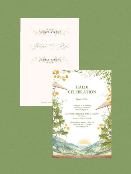 A closer look at the Haldi Celebration card and the main invitation for the Canmore wedding. The consistent illustration style ties the whole suite together, telling a cohesive story of a wedding in the mountains.