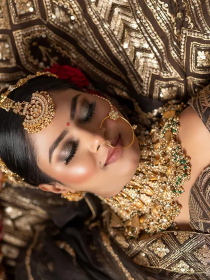 A close-up of a classic bridal look, focusing on soft glam eyes with a hint of shimmer and a perfectly blended base. This photo highlights the clean, detailed work that goes into creating a timeless and elegant look for a bride's big day.