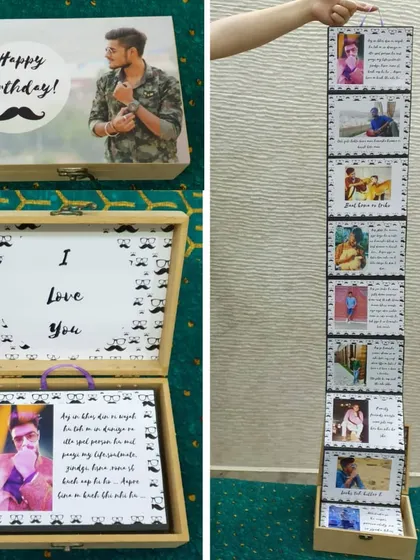 This is my wooden memory box, a unique gift that reveals a pull-out strip of 15 photos and messages. It's a compact and surprising way to store and share a collection of your favorite moments.