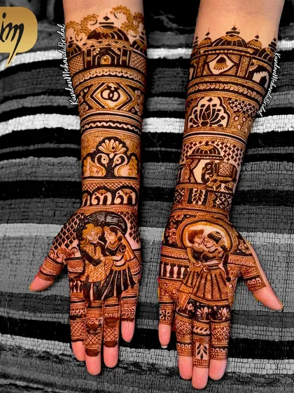 This design features a romantic couple under an umbrella on one palm, and another couple portrait on the other. The forearms are decorated with architectural and floral patterns.