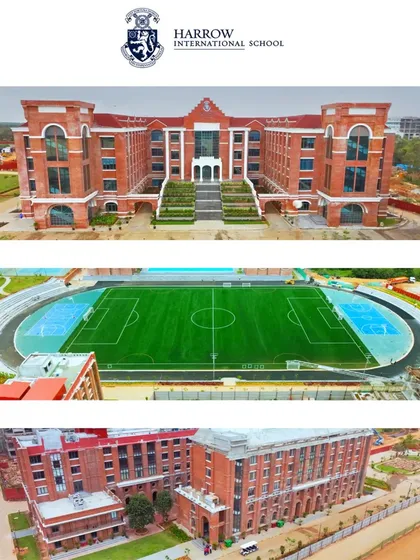 Construction progress at Harrow International School, showcasing the main building's facade and the development of the campus sports field.