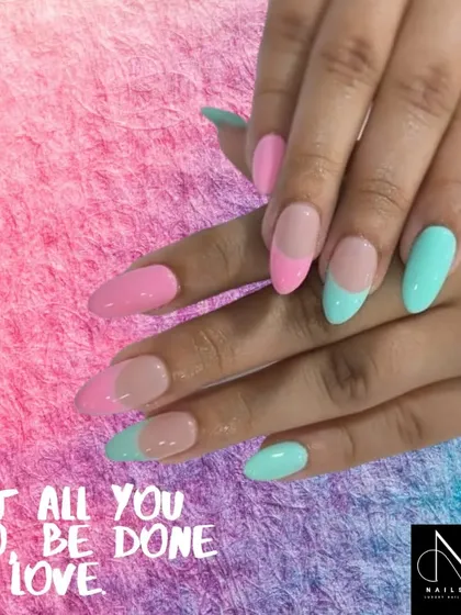 "Let all you do be done in love." We love creating colorful, happy nails like this pink and aqua mismatched French set.