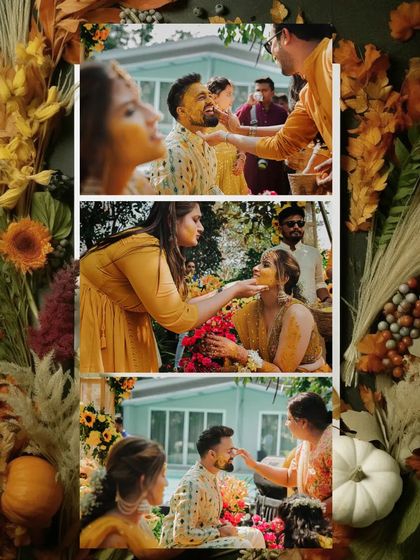 A collage showing the gentle application of Haldi by family members, framed by autumn-themed decor.