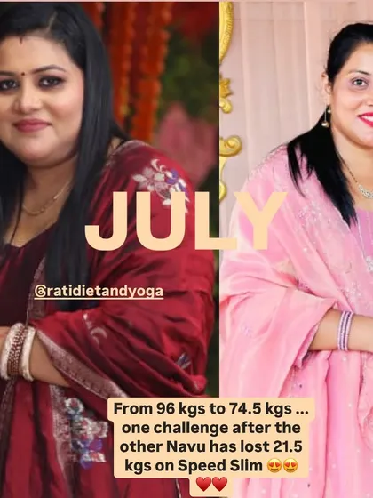 Navu's journey from 96 kgs to 74.5 kgs. She has lost a total of 21.5 kgs over multiple challenges, showing the power of long-term commitment.
