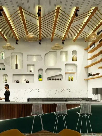 A render of the proposed bar area for the rooftop lounge. The design features a striking geometric wooden ceiling installation, organically shaped display niches, and soft, layered lighting to create a sophisticated yet relaxed vibe.
