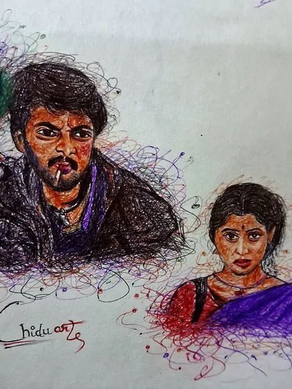 This is my modern scribble art style, featuring Kiccha Sudeep in his iconic role from "Huccha". This energetic and colorful technique uses free-flowing lines to build a portrait with a lot of movement and emotion.