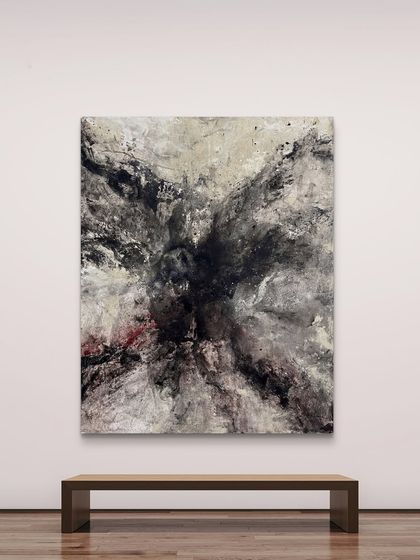 The 'Last dream of the Hangmn' painting displayed in a gallery setting. The large scale and dramatic composition make it a truly immersive piece.