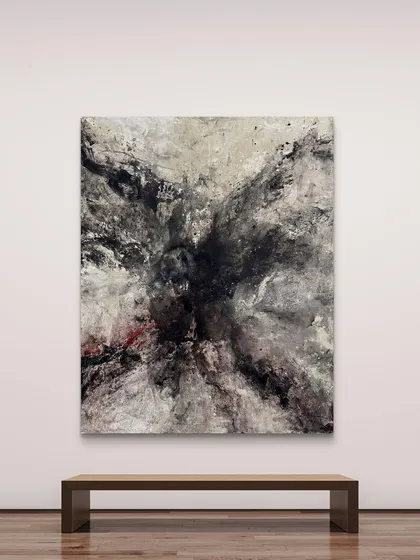 'Last dream of the Hangmn and the Hand of God' is a dark and emotive 4x5 feet abstract. I used black, gray, and beige with hints of deep red to evoke a sense of chaos and mystery, telling a powerful story through texture and contrast.