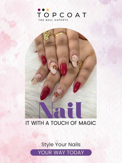 I love to nail it with a touch of magic. This set combines bold red nails with accent nails featuring delicate floral patterns and gold flakes, offering a perfect blend of statement color and intricate art.