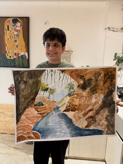 This young man created an impressive watercolor landscape of a river flowing through a cave. Our sessions support artists as they tackle more complex compositions and techniques.