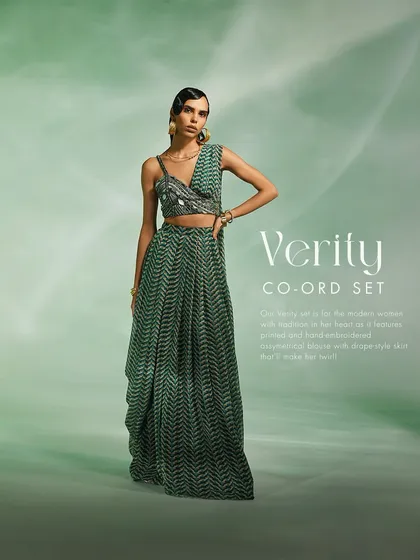 Our Verity co-ord set in a green chevron print, for the modern woman with tradition in her heart.