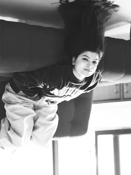 A creative and playful upside-down portrait in black and white. It's always fun to experiment with unusual angles.
