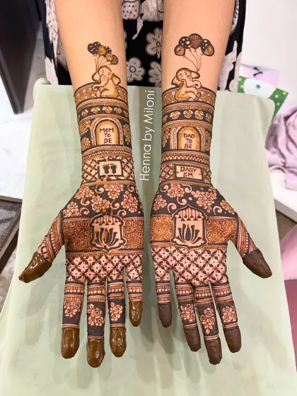Celebrating the mom-to-be with a special baby shower mehendi. This design is filled with cute details like baby elephants and cradles, making it a joyful way to mark this new chapter.