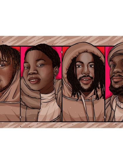 A group portrait of the band Kokoroko for Bandcamp Weekly, capturing the individual personalities of the members in a unified composition.