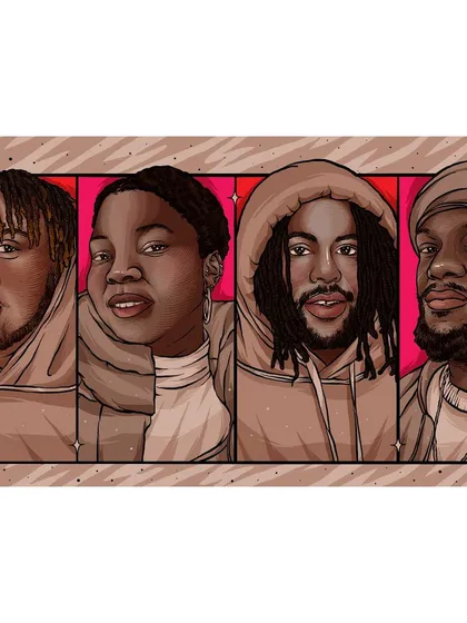A group portrait of the band Kokoroko for Bandcamp Weekly, capturing the individual personalities of the members in a unified composition.