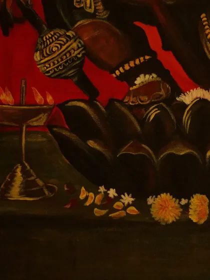 A detail shot of the lower part of the painting, showing the devotee's lamp, the lotus base, and the scattered flower offerings.