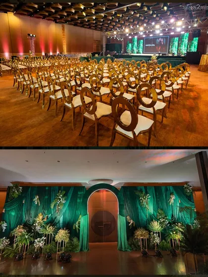 The entrance to the Sangeet was draped in luxurious emerald green velvet, creating a dramatic and regal entryway for the guests.