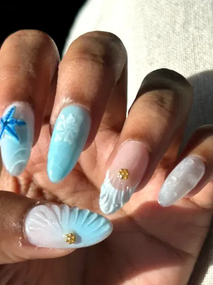 This shot highlights the 3D shell textures and gold bead accents from my Goa nail set.