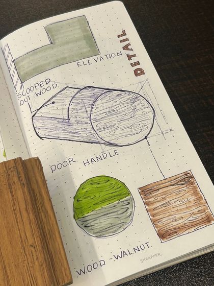 A page from one of our sketchbooks, detailing the design for a custom wooden door handle. Even the smallest elements are thoughtfully designed and documented.