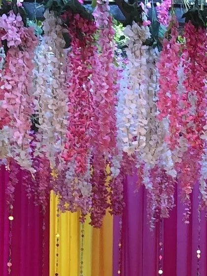 Cascading strings of pink and white wisteria flowers create a stunning floral ceiling. This was part of a vibrant backdrop for a pre-wedding ceremony, adding a touch of softness and elegance.