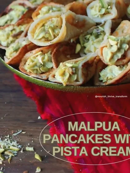 These are my Malpua Pancakes with Pista Cream, a modern take on a classic Diwali sweet. Instead of deep-frying, I make light pancakes and fill them with a delicate pistachio cream for an elegant and healthier dessert.