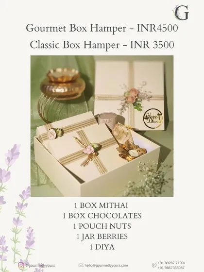 Details of our Diwali Gourmet and Classic Box Hampers. This image provides pricing and lists the contents, including mithai, chocolates, nuts, and a diya.