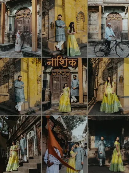 A grid of nine images showcasing the variety of shots from a pre-wedding shoot in Nashik, capturing the essence of the city.