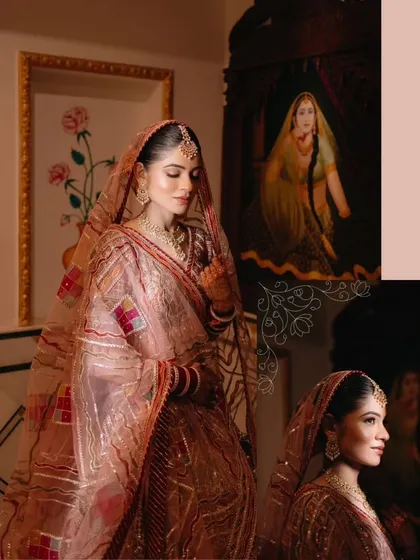 An artistic composition of the bride in her royal wedding attire, juxtaposed with a classic painting, creating a timeless feel.