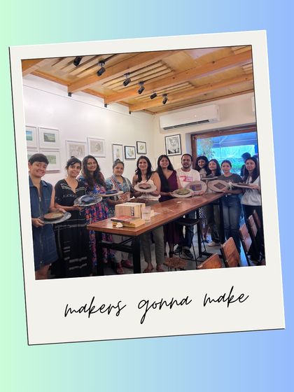 Makers gonna make. The proud group from our rainy Sunday workshop, showing off the ceramic plates and plaques they designed and painted themselves.