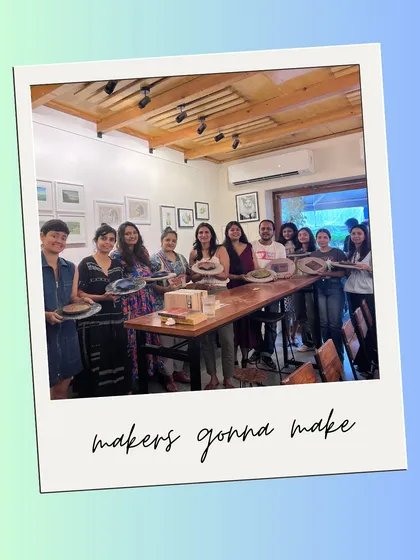Makers gonna make. The proud group from our rainy Sunday workshop, showing off the ceramic plates and plaques they designed and painted themselves.
