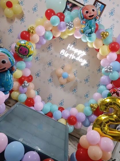 This view shows how our Cocomelon ring setup can fit perfectly in a living room for a home party.