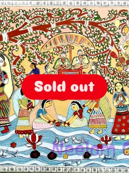 This large Madhubani masterpiece, which has been sold, tells a complete story with multiple characters and elements from nature, all rendered in the intricate Mithila style.