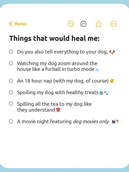 My healing checklist: telling my dog everything, watching them do zoomies, and spoiling them with healthy treats. Dog therapy is the best kind of therapy.
