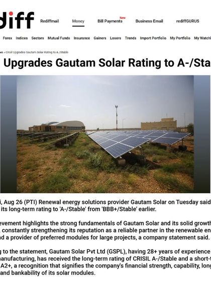 Rediff reported on our upgraded CRISIL rating to A-/Stable. This achievement highlights our solid growth trajectory and strengthens our reputation as a reliable partner in the renewable energy market.