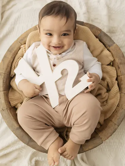 A perfect, happy smile from the 6-month-old in his wooden bowl.