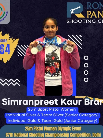 A phenomenal, multi-medal performance by Simranpreet Kaur Brar at the National Championships. She won Individual Silver and Team Silver in the Senior category, and Individual Gold and Team Gold in the Junior category for 25m Sport Pistol.