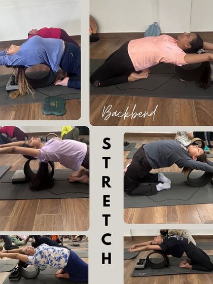 A deep backbend stretch using the yoga wheel. This prop is amazing for safely opening the chest and shoulders, helping you go deeper into the posture while feeling fully supported.
