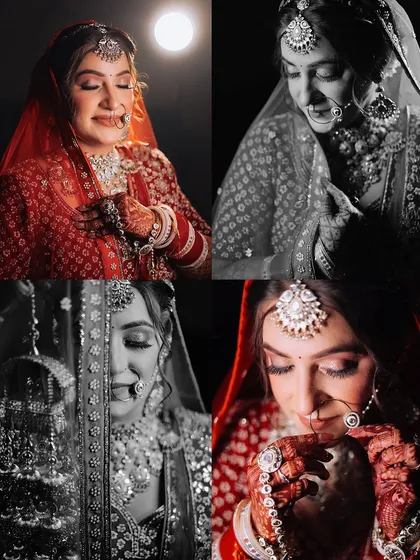 A collage showcasing the bride's versatility. It combines color and black and white portraits, capturing different moods from joyful smiles to serene, thoughtful glances, all on her wedding day.