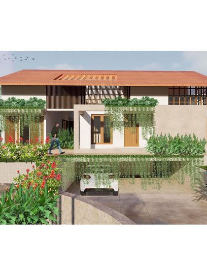 The 'Kodial Cove' residence in Mangalore, designed as a warm and homely retirement home. The design incorporates traditional Mangalore-style louver work and jaali screens with a modern aesthetic, and uses hanging plants to soften the structure.